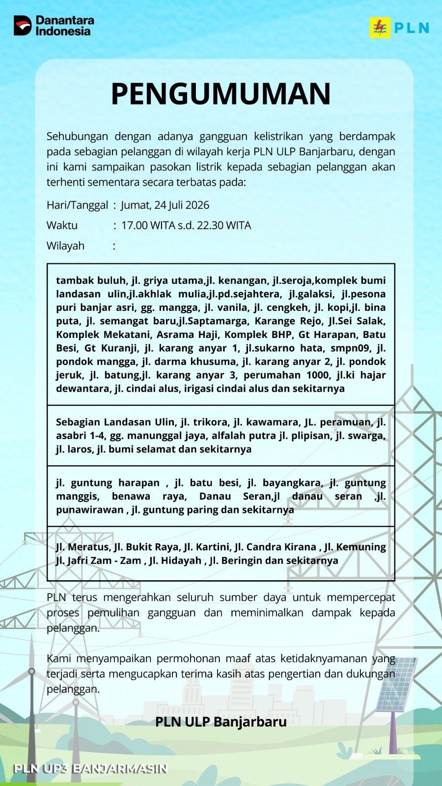 PLN Kalselteng Kembali Berlakukan Pemadaman Bergilir